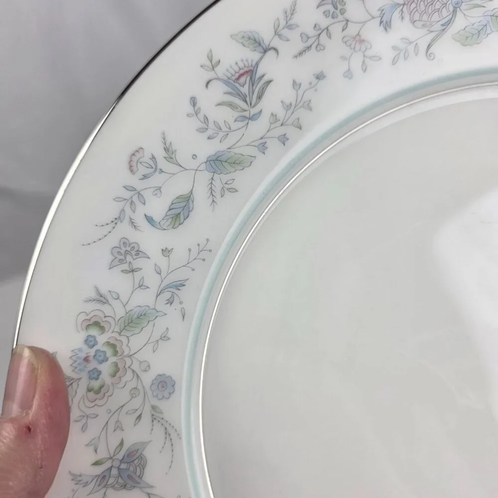 TWO Oxford China Spring Bone China Dinner Plate Multicolor Floral Rim Aqua Band